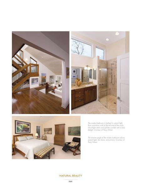 A collage of interiors from "Contemporary Southern Homes" by Schiffer Publishing, Ltd.: a modern staircase with wood flooring, a bright double-sink bathroom, and a cozy bedroom with wood furniture and Southern charm.