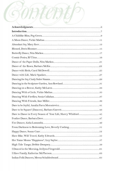 Table of contents for "Dare to Dance" by Schiffer Publishing, Ltd. lists dances and choreographers with page numbers; includes Acknowledgments, Introduction, and various dance quilts—showcasing the artist’s joyful interpretations.