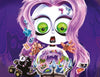 A wide-eyed cartoon girl with long lavender hair and big green eyes looks shocked at a crystal ball, surrounded by cards and toys, echoing Joe Simko’s The Sweet Rot, Book 3 by Schiffer Publishing, Ltd., as a small black cat stands against a dark purple background.