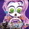 A wide-eyed cartoon girl with long lavender hair and big green eyes looks shocked at a crystal ball, surrounded by cards and toys, echoing Joe Simko’s The Sweet Rot, Book 3 by Schiffer Publishing, Ltd., as a small black cat stands against a dark purple background.