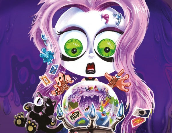 A wide-eyed cartoon girl with long lavender hair and big green eyes looks shocked at a crystal ball, surrounded by cards and toys, echoing Joe Simko’s The Sweet Rot, Book 3 by Schiffer Publishing, Ltd., as a small black cat stands against a dark purple background.