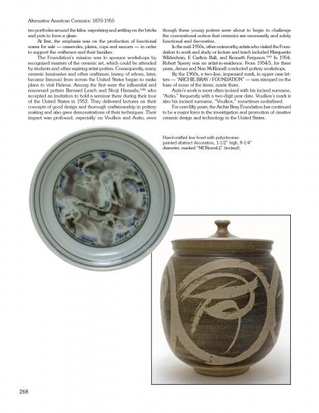 A page from "Alternative American Ceramics, 1870-1955" by Schiffer Publishing, Ltd. shows a lidded ceramic vessel with abstract designs beside a plate with a spiral motif, with text on American ceramics and studio pottery evolution.