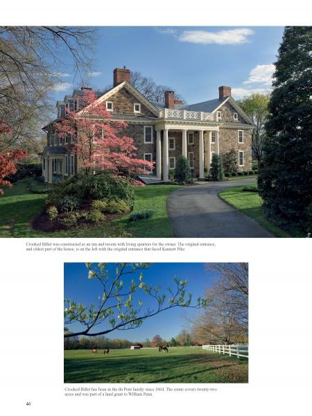 Chateau Country by Schiffer Publishing, Ltd. showcases a grand stone house with white columns behind a circular drive, green lawns, and blooming trees; below is a fenced pasture on rolling hills with a tree branch in the foreground.