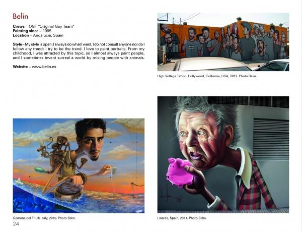 A collage highlights Belin’s European graffiti roots, with three images—a Hollywood mural of tattooed people, a surreal citrus portrait, and an elderly woman with a purple figure—from "100 European Graffiti Artists" by Schiffer Publishing, Ltd.