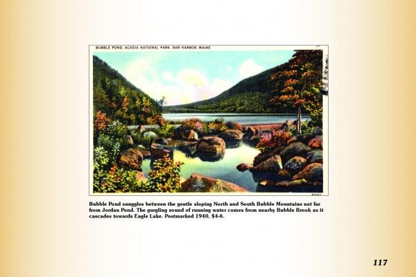 Greetings from Bar Harbor by Schiffer Publishing, Ltd. features a vintage 1940 postcard of Bubble Pond in Acadia National Park, with tree-covered mountains and large rocks—a must-have scene for collectors near Bar Harbor, Maine (page 117).