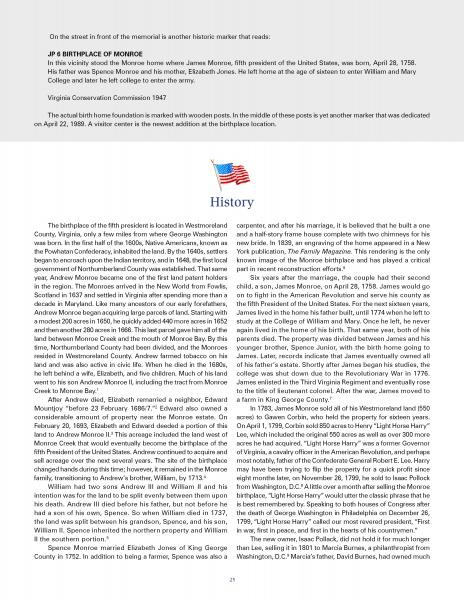 A printed page from "Where the Presidents Were Born" by Schiffer Publishing, Ltd. has an American flag graphic and two columns of text about historic sites like James Monroe’s birthplace with context on American presidents.