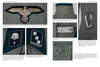A book spread in "Black and Field Gray Uniforms of Himmler's SS" by Schiffer Publishing shows detailed WWII German uniform photos—Waffen-SS insignia, skull emblem, collar tabs, a hook—and text explaining their meaning and placement.