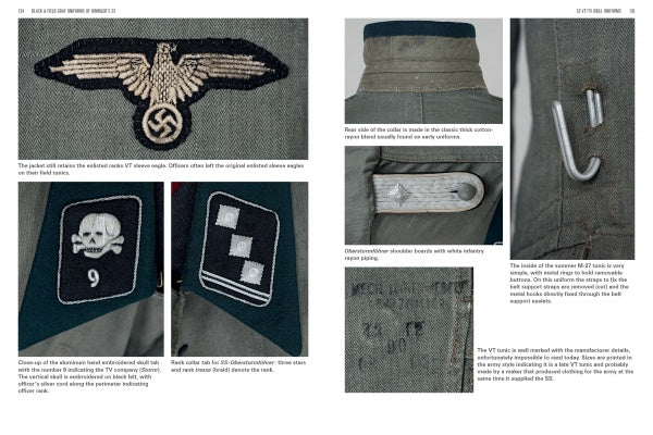 A book spread in "Black and Field Gray Uniforms of Himmler's SS" by Schiffer Publishing shows detailed WWII German uniform photos—Waffen-SS insignia, skull emblem, collar tabs, a hook—and text explaining their meaning and placement.