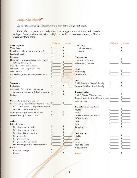 Schiffer Publishing, Ltd.'s Indian Weddings is a wedding budget checklist for Indian American weddings with estimated and actual columns for venue, attire, food, music, and more—perfect for organized and seamless wedding planning.