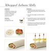 A recipe page from "Garnishing & Decorating" by Schiffer Publishing, Ltd. shows Wrapped Salmon Rolls as finger food with step-by-step photos: spreading horseradish, adding lettuce and salmon, rolling up, and finished rolls garnished with cucumber and skewers.