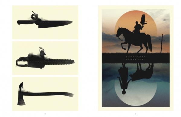 A collage of images from Schiffer Publishing, Ltd.'s PosterSpy showcases a man riding a horse and a saw, inspired by alternative movie posters and pop culture film art.