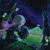In "The Sweet Rot" by Schiffer Publishing, Ltd., a small figure with a round helmet and pink scarf stands among twisted trees beneath stars, gazing at a glowing hill amid colorful lights and fireflies in an underground art scene.