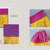 A step-by-step guide from Schiffer Publishing, Ltd.'s "Inspiration Kantha" features a yellow and pink drawstring bag with kantha embroidery, showing detailed stitching and assembly instructions on a light background.