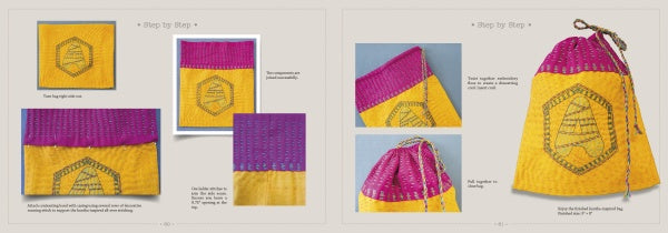 A step-by-step guide from Schiffer Publishing, Ltd.'s "Inspiration Kantha" features a yellow and pink drawstring bag with kantha embroidery, showing detailed stitching and assembly instructions on a light background.