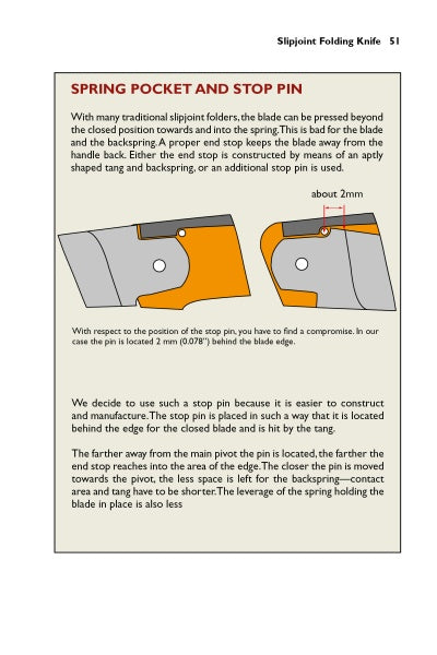 A page from Schiffer Publishing, Ltd.’s "Pocketknife Making for Beginners" explains the spring pocket and stop pin with two diagrams showing blade positions and measurements, plus text detailing their function and placement in a folding pocketknife.