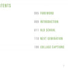 The table of contents in "Barbershops of America" by Schiffer Publishing, Ltd. features Foreword (p. 5), Introduction (p. 9), Old School (p. 11), Next Generation (p. 118), and Collage Captions (p. 186), with green section titles.