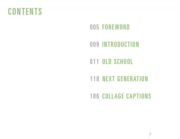 The table of contents in "Barbershops of America" by Schiffer Publishing, Ltd. features Foreword (p. 5), Introduction (p. 9), Old School (p. 11), Next Generation (p. 118), and Collage Captions (p. 186), with green section titles.