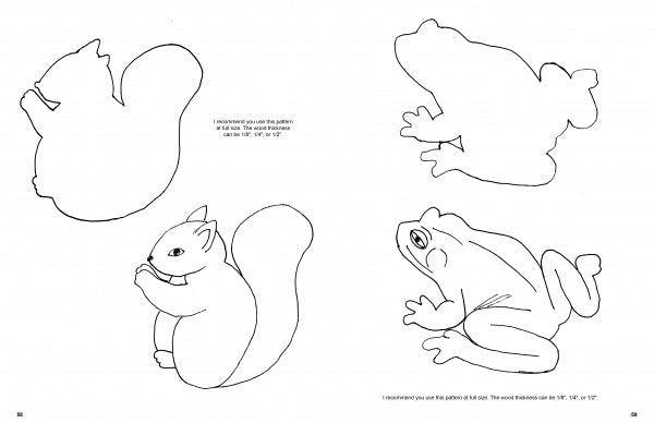 From "Scroll Saw Pictures, 2nd Edition" by Schiffer Publishing, Ltd., four outlined squirrel and frog designs—each shown in simple and detailed versions—ideal as scroll saw patterns or for creating charming cutout art.