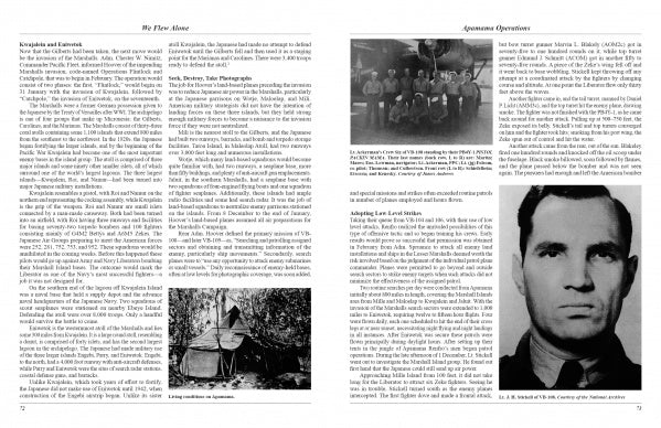 A two-page spread from *We Flew Alone 2nd Edition* (Schiffer Publishing, Ltd.) features text, three black-and-white photos (tent, soldiers, portrait), and captions highlighting the Pacific air squadrons and B-24 Liberator's history.