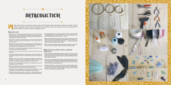 A two-page spread from "Dream Catchers" by Schiffer Publishing, Ltd.: the left page has a striking black-and-gold intro, while the right shows neatly arranged supplies on wood—ideal for crafting bohemian chic dream catchers or wall hangings.