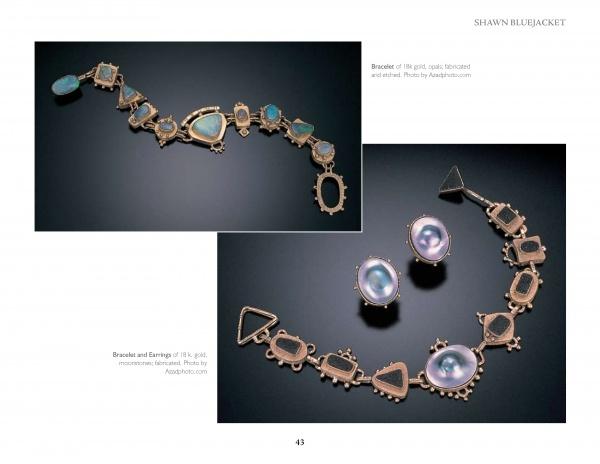 Two images from "Masters of Contemporary Indian Jewelry" by Schiffer Publishing, Ltd. show wearable art: a Shawn Bluejacket gold and opal bracelet (top), and the same bracelet with matching earrings (bottom) on dark backgrounds.