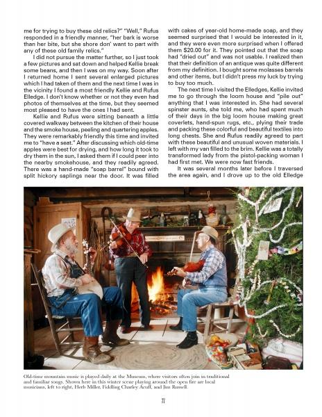 Three older adults play guitar and banjo by a fireplace at the Museum of Appalachia, sharing music and stories beside a glowing Christmas tree. Discover their heritage in "The Unlikely Story of the Museum of Appalachia" from Schiffer Publishing, Ltd.