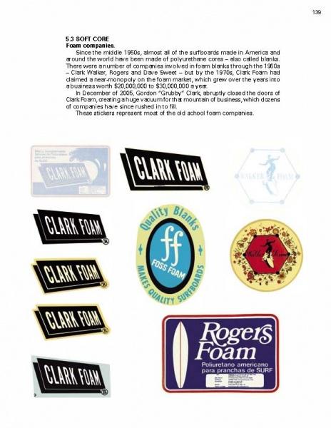 A page in "Graphic Surf" by Schiffer Publishing, Ltd. features text about surfboard foam brands and showcases vintage memorabilia and logos—including Clark Foam, Foss Foam, and Roger’s Foam—arranged along the left and bottom.