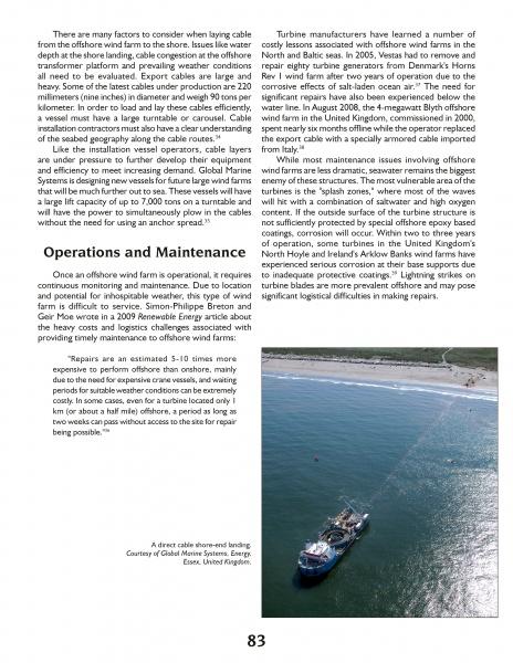 A ship lays cable in deep blue water for offshore wind energy, trailed by cable under a clear sky. "Offshore Windpower" by Schiffer Publishing, Ltd. features info on offshore wind farm operations and maintenance at the page’s bottom.