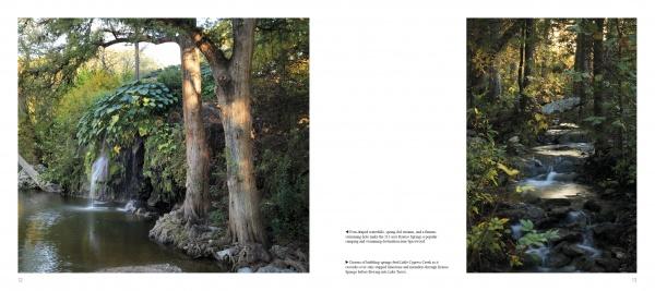 Two pages from Schiffer Publishing, Ltd.'s book "Texas Hill Country" display scenic photos: one of a lush green waterfall and pond, the other of a sunlit stream winding through a dense forest.