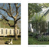 Side-by-side images from Oak Bluffs on the Vineyard by Schiffer Publishing, Ltd. show a tall-steepled Methodist church with lawn benches and a cozy white cottage with a porch, greenery, and an American flag in Martha’s Vineyard.