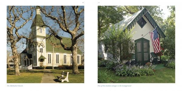 Side-by-side images from Oak Bluffs on the Vineyard by Schiffer Publishing, Ltd. show a tall-steepled Methodist church with lawn benches and a cozy white cottage with a porch, greenery, and an American flag in Martha’s Vineyard.