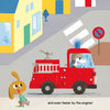 In Schiffer Publishing, Ltd.'s "Faster, Please!", an illustrated dog waves from a red fire engine passing yellow buildings, while another dog watches nearby. Fun details like a no parking sign help kids identify vehicles as they read.