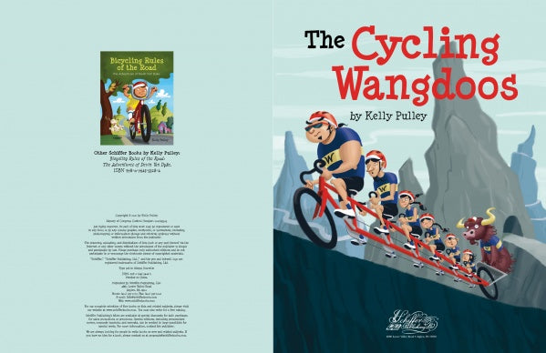 The Cycling Wangdoos, a children's picture book from Schiffer Publishing, Ltd., features a family of cartoon cyclists and their yak riding a tandem bike uphill with mountains in the background. The back displays another book and publisher info.