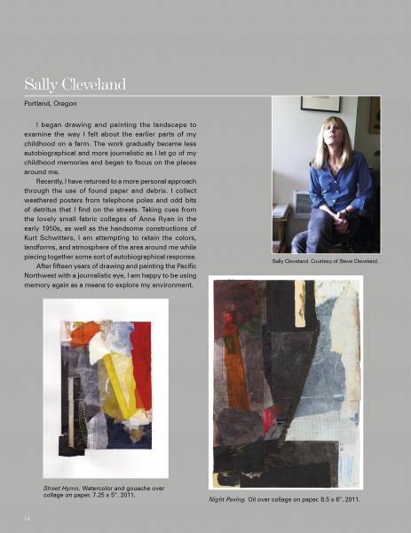 A page from "100 Artists of the Northwest" by Schiffer Publishing, Ltd. shows Sally Cleveland—top right, her portrait in a chair; bottom, her abstracts “Street Hymn” and “Night Passing”—plus text on her 21st-century art journey.