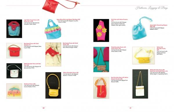 A catalog page showcases "It's All About the Accessories for the World's Most Fashionable Dolls, 1959-1972" by Schiffer Publishing, Ltd., with images, descriptions, and prices in a grid layout on a white background.