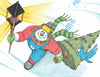 Bill the Snowman, from Schiffer Publishing, Ltd., wears blue overalls and a green-striped scarf as he carries a lantern and Christmas tree with a blue bird on top—a charming figure perfect for children's stories about responsibility and compassion.