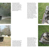 A two-page spread from Schiffer Publishing, Ltd.'s M18 Hell-Cat features four color photos of WWII tanks outdoors—side views on the left, top-down views on the right—and text columns detailing each tank destroyer’s history.