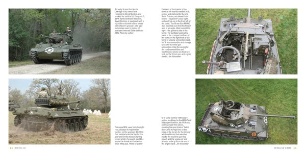 A two-page spread from Schiffer Publishing, Ltd.'s M18 Hell-Cat features four color photos of WWII tanks outdoors—side views on the left, top-down views on the right—and text columns detailing each tank destroyer’s history.