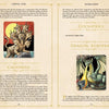 A two-page spread from "Monsters and Mythical Creatures from around the World" by Schiffer Publishing, Ltd. shows a multi-headed beast under a red sun labeled Caladrius and a green dragon with Cockatrice and Dragon myths on parchment-style backgrounds.