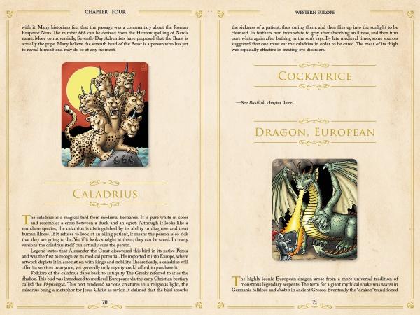 A two-page spread from "Monsters and Mythical Creatures from around the World" by Schiffer Publishing, Ltd. shows a multi-headed beast under a red sun labeled Caladrius and a green dragon with Cockatrice and Dragon myths on parchment-style backgrounds.