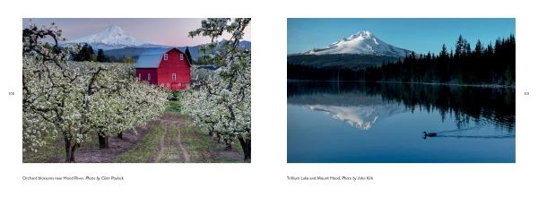 Left: Blooming orchard trees lead to a red barn with Mount Hood behind. Right: Mount Hood, a Portland photography icon, is reflected in Trillium Lake with a lone duck. From Greater Portland, Oregon by Schiffer Publishing, Ltd.
