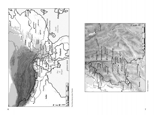 Two black-and-white maps from "Famine, Sword, and Fire" by Schiffer Publishing, Ltd. highlight South and Central Asia—India, China, Tibet—showing the Salween River battle area, WWII Flying Tigers routes, ranges, rivers, borders, and key cities.