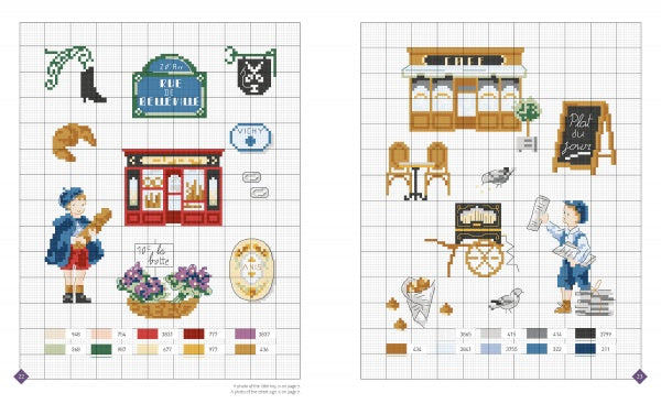 Retro Cross Stitch by Schiffer Publishing, Ltd. features Parisian street scenes—a boy with baguette, bakery, café tables, pastries, bicycle, and flowers—on a gridded background with thread color codes. Ideal for fans of unique cross-stitch designs.