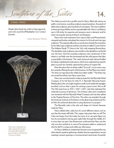 A page titled Sculpture of the Sixties showcases Harry Bertoia’s Sprays of the Brook sculpture, with descriptive text and a June Kompass Nelson quote. Featured in The Life and Work of Harry Bertoia by Schiffer Publishing, Ltd.