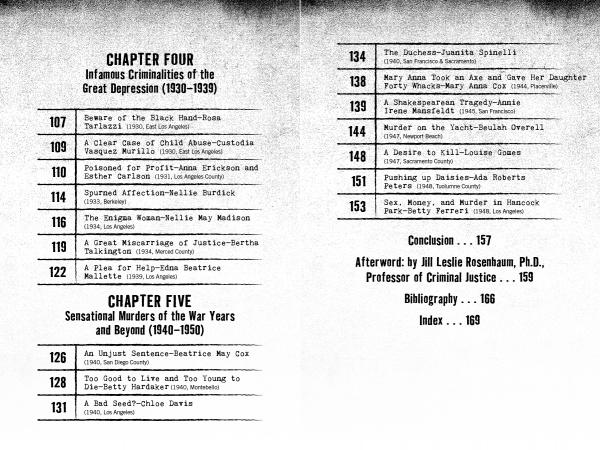 The table of contents in California's Deadly Women by Schiffer Publishing, Ltd. lists chapters on California crime history (1930–1939) and sensational murders (1950–1957), with page numbers and titles showcasing women criminals.