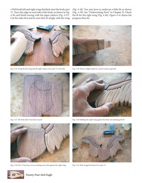 American Bald Eagles in Intarsia by Schiffer Publishing, Ltd. offers a photo guide with captions showing how to carve an eagle, including close-ups of hands shaping the body and attaching wings, using detailed intarsia patterns.