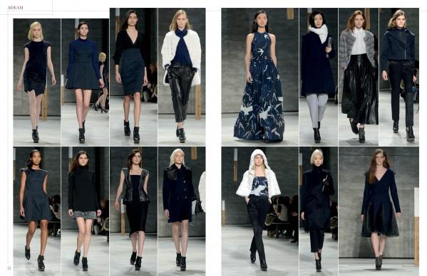 The SFP LookBook: Mercedes-Benz Fashion Week Fall/Winter 2014 Collections by Schiffer Publishing, Ltd. features chic female models in dark-toned outfits—dresses, skirts, pants, jackets, and coats—set against a minimalist gray backdrop.