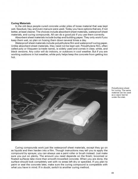 A black-and-white page from "Concrete Flatwork" by Schiffer Publishing, Ltd. discusses concrete curing materials. The image shows a polyethylene sheet covering a concrete slab, with labeled captions and visible construction materials.