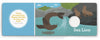 An illustrated sea lion jumps from the water as two rest on rocks. Text reads: “I have two long front flippers and like to swim and bark! What am I? Sea Lion.” From Think Zoo Animals by Schiffer Publishing, Ltd.—great for zoo fans and guessing games.