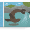 An illustrated sea lion jumps from the water as two rest on rocks. Text reads: “I have two long front flippers and like to swim and bark! What am I? Sea Lion.” From Think Zoo Animals by Schiffer Publishing, Ltd.—great for zoo fans and guessing games.